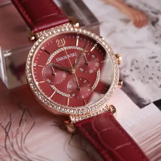 【SWAROVSKI 施華洛世奇】PASSAGE CHRONO 紅色典雅三眼計時皮革錶帶腕錶 手錶 女錶 七夕情人節(5580345)