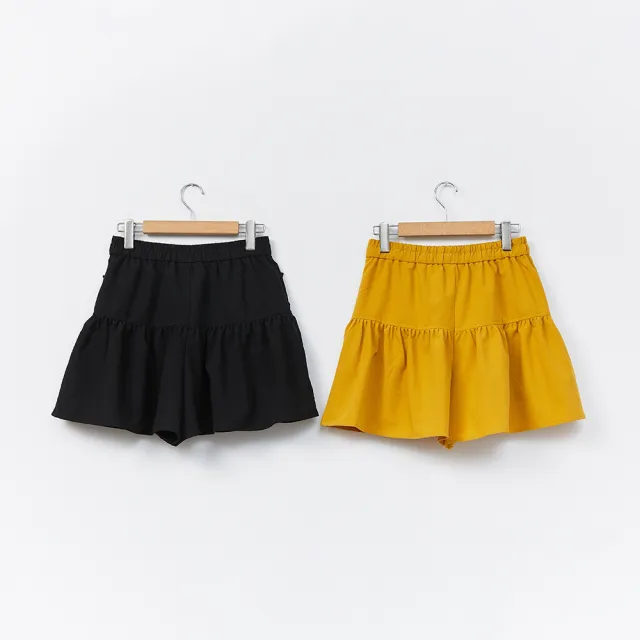 【Dailo】貓耳口袋層次蛋糕-女短褲裙 層次 藍 黑 黃(三色/版型合身)