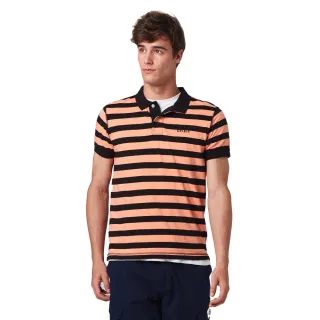 【JEEP】男裝 品牌文字刺繡條紋短袖POLO衫(橘黑)