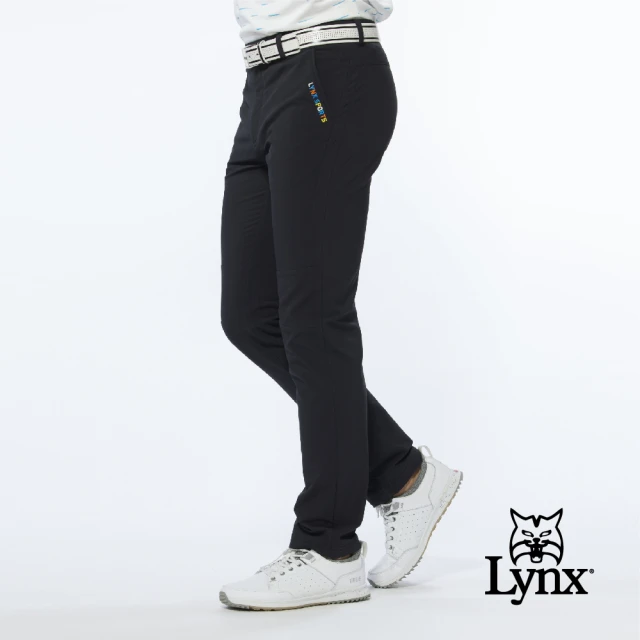 【Lynx Golf】男款潑水功能膝蓋剪接彩色LOGO繡花平口窄管休閒長褲(黑色)