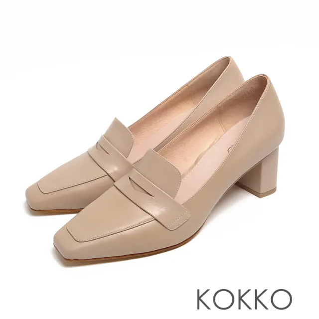 【KOKKO 集團】超平頭樂福素面柔軟小羊皮粗跟鞋(駝灰色)