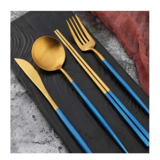 不鏽鋼304珊瑚藍金色餐刀餐叉湯匙 筷子4件組(GM1002UG)