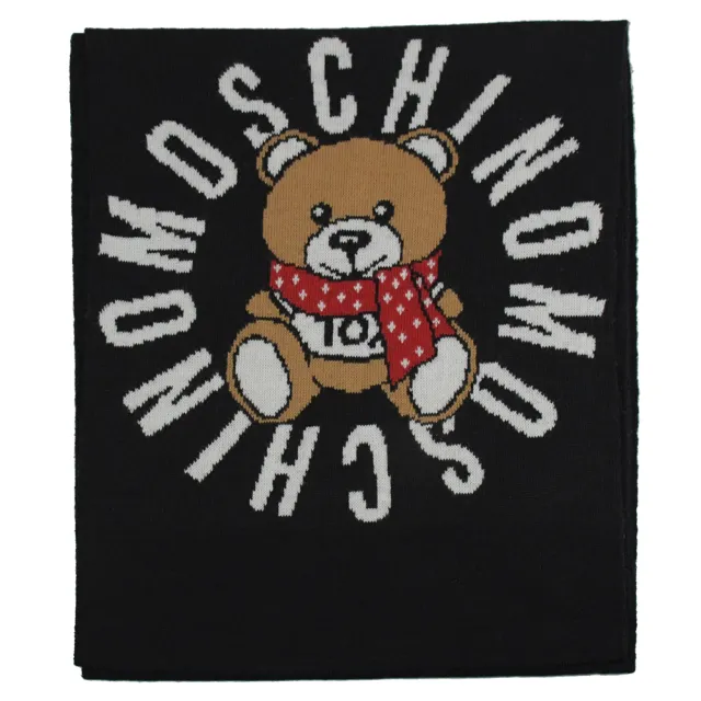 【MOSCHINO】品牌英文小熊LOGO羊毛混紡針織流蘇披肩長圍巾(黑)