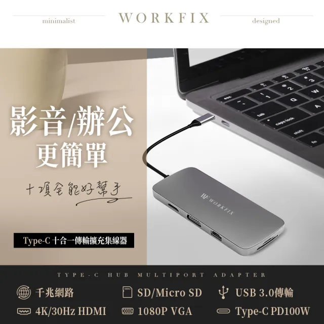 WORKFIX 渥克斯】MA-10 Type-C 十合一多功能hub傳輸擴充集線器(100W PD快充/4K HDMI/網口/SD) -  momo購物網- 雙11優惠推薦- 2022年11月