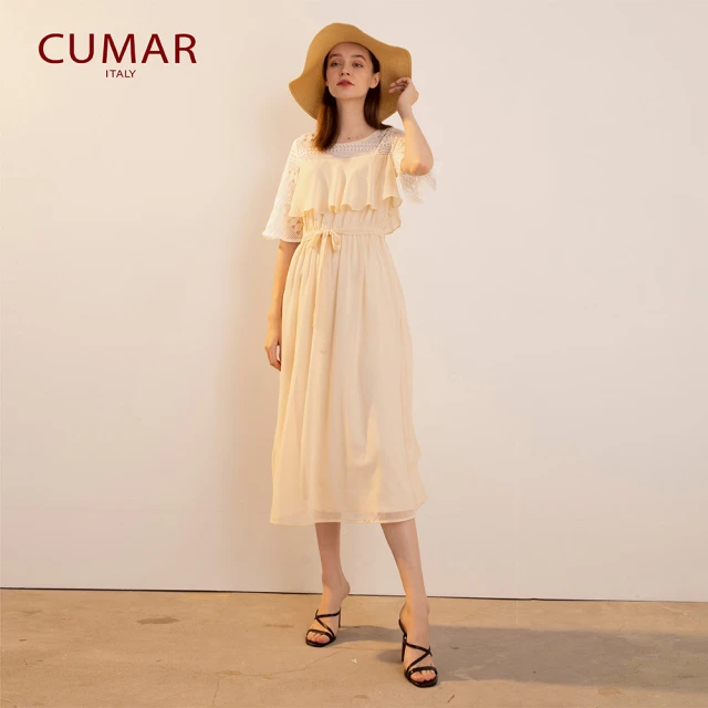 【CUMAR】蕾絲拼接荷葉長版-女短袖洋裝 拼接 藍 米(二色/版型適中)