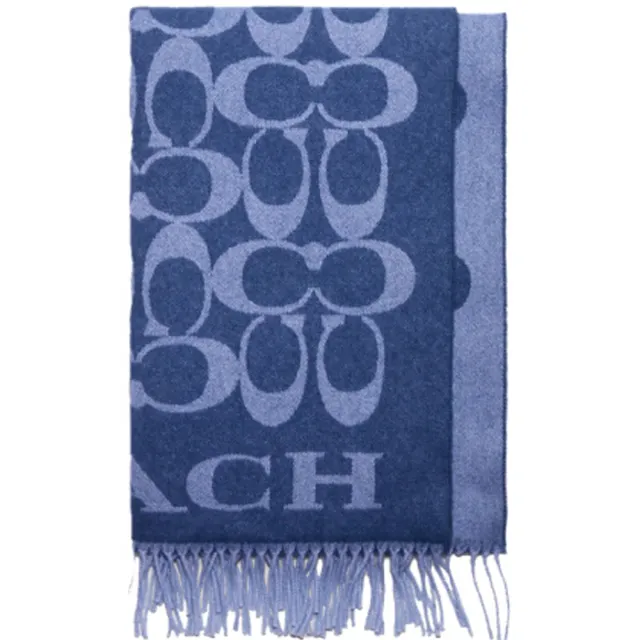 【COACH】藍色滿版LOGO喀什米爾羊毛義大利製大款披肩圍巾