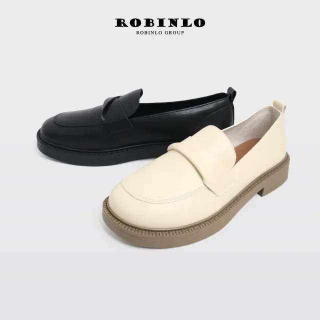 【Robinlo】簡約小紐結軟皮革鬆糕樂福鞋FELTON(黑/米白)