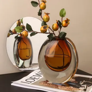 【JEN】現代創意簡約輕奢玻璃花瓶花器琉璃工藝品居家裝飾桌面擺飾(琥珀色)