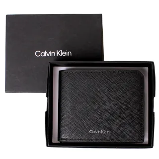 【Calvin Klein 凱文克萊】ck燙銀logo防刮皮革零錢袋男短夾/皮夾(經典黑)