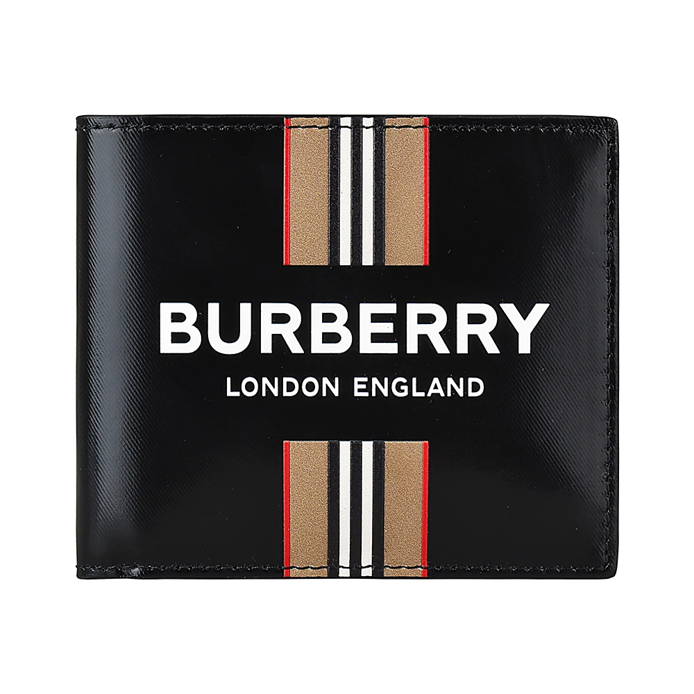 BURBERRY白字LOGO滑面帆布條紋印花設計8卡對折短夾(黑)