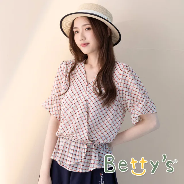 【betty’s 貝蒂思】交叉荷葉雪紡上衣(紅格紋)