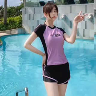 【泳衣果】泳裝M-4L安萍短袖雙層短褲二件式運動加大泳衣