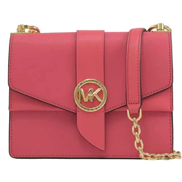 【Michael Kors】圓標金屬MK轉釦雙蓋肩斜三用鍊包淑女包(桃紅)