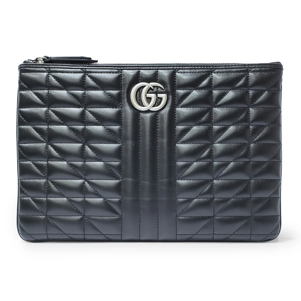 525541 新款GG Marmont絎縫系列復古銀釦手拿包(黑色)