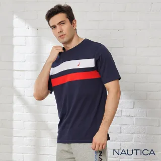 【NAUTICA】男裝 修身質感拼接短袖T恤(海軍藍)