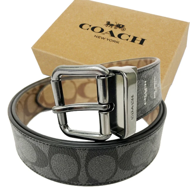 【COACH】雙面用C LOGO 男款寬版皮帶禮盒(焦糖/黑灰)