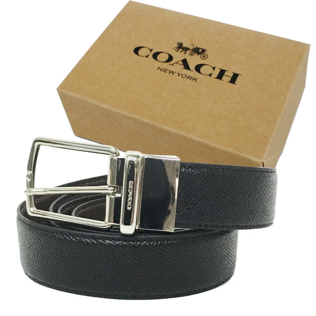 COACH【COACH】經典LOGO細紋牛皮商務男款皮帶禮盒(黑)
