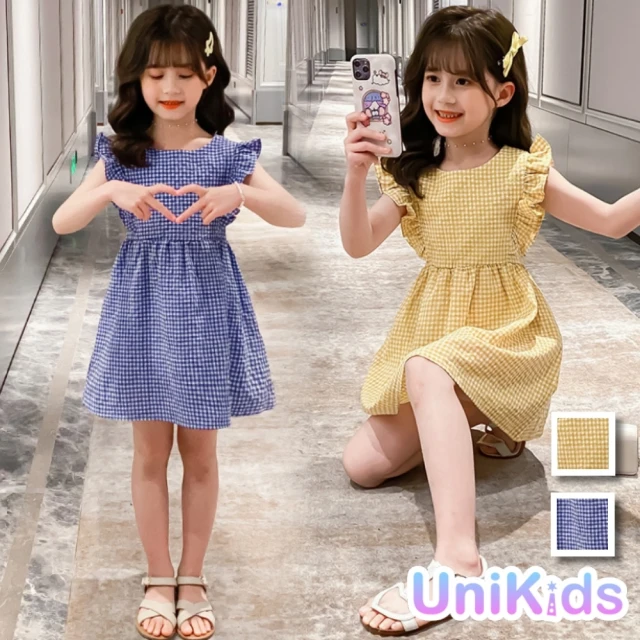 【UniKids】中大童荷葉邊小飛袖設計清新格紋洋裝 女大童 JSwzj-格子裙(寶藍 黃)