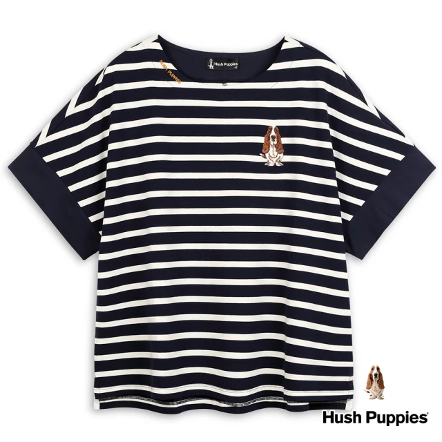 【Hush Puppies】女裝刺繡狗寬版連袖條紋上衣(丈青 / 24210107)