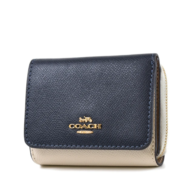 COACH【COACH】拚色防刮皮革三折零錢袋短夾-深藍/白