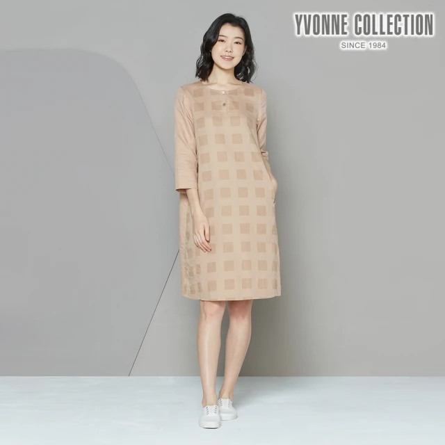 【Yvonne Collection】方格半開襟七分袖洋裝(歐蕾棕)