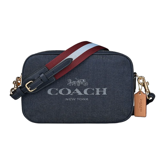 COACH【COACH】COACH JES馬車LOGO紅白條紋設計寬背帶牛仔布雙拉鍊斜背包(沉穩藍)