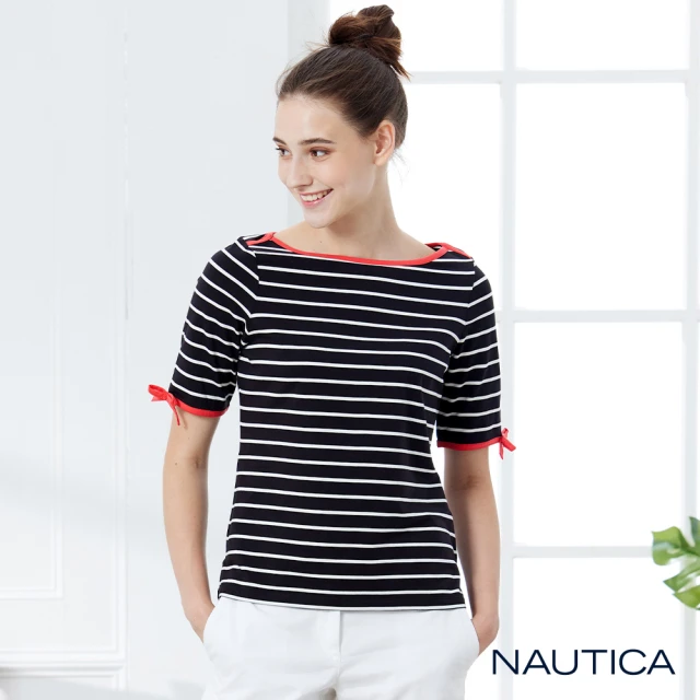 NAUTICA【NAUTICA】女裝平口領條紋蝴蝶結短袖T恤(黑)