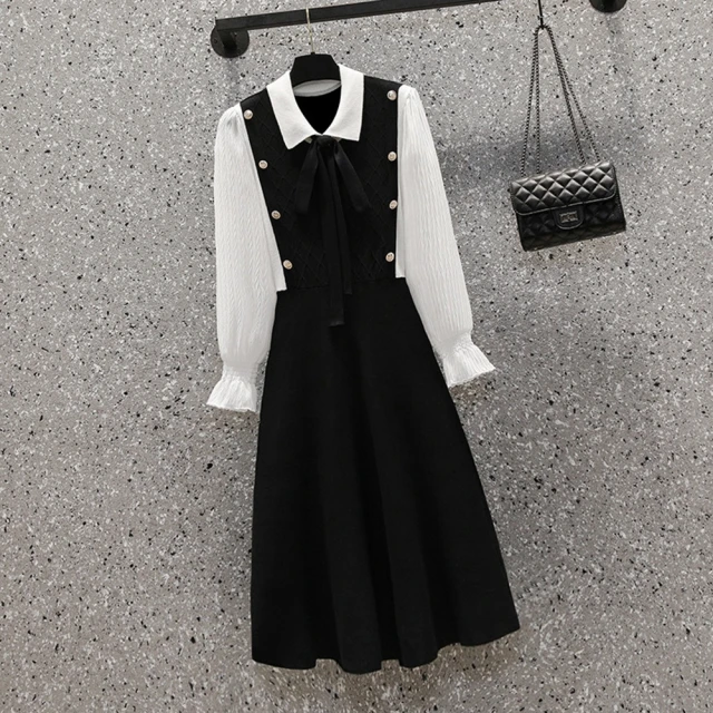 KVOLL【KVOLL】玩美衣櫃復古珍珠釦黑白撞色拼接連衣裙L-4XL