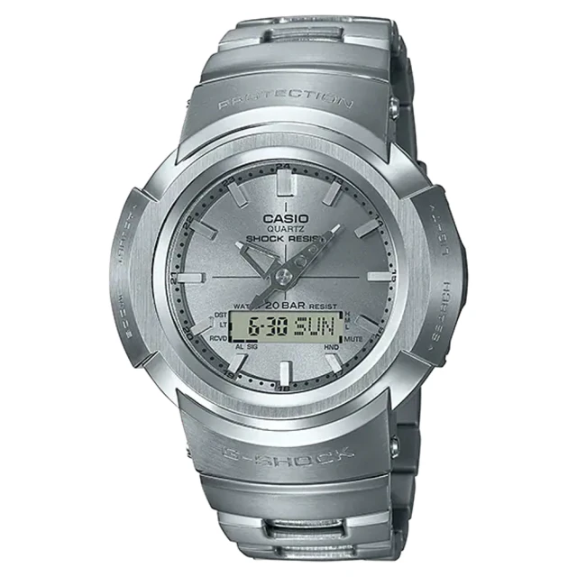 【CASIO 卡西歐】G-SHOCK 全金屬指針數位雙顯示太陽能腕錶/銀44.5mm(AWM-500D-1A8)