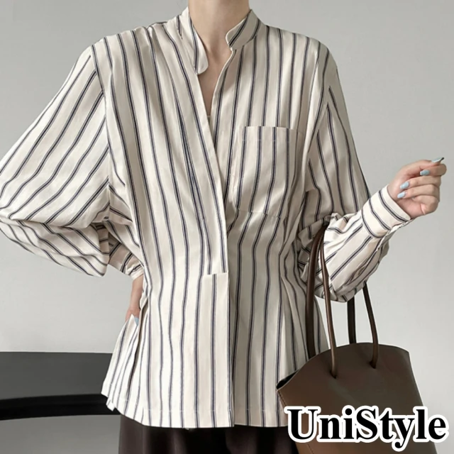 UniStyle【UniStyle】韓版小眾條紋收腰不規則V領長袖襯衫 女 WT5286(條紋)