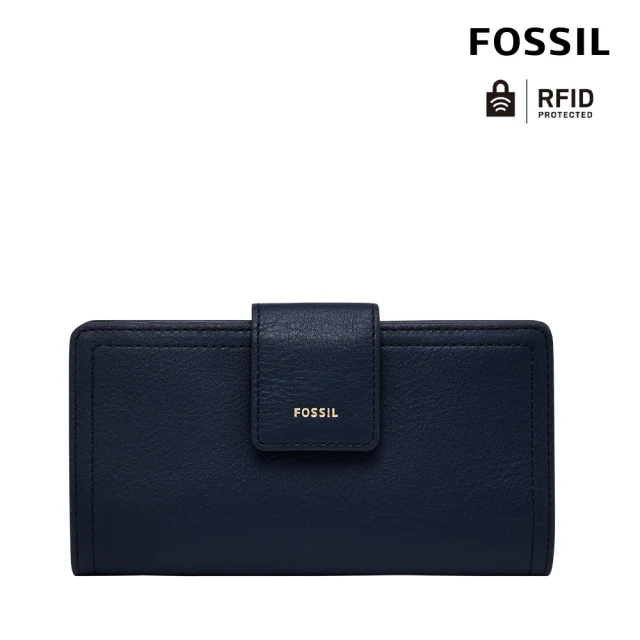 【FOSSIL】Logan 真皮扣式RFID防盜中長夾-經典藍 SL7830545