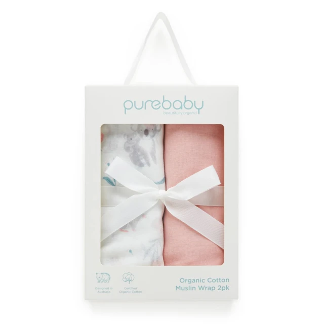 【Purebaby】澳洲有機棉 嬰兒棉紗包巾禮盒2件組(新生兒 有機棉 紗布蓋毯)