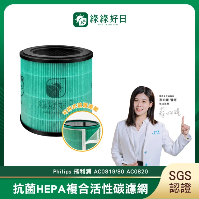 【綠綠好日】適用 Philips 飛利浦 AC0819 / 80(HEPA抗菌濾芯 蜂巢顆粒活性碳 二合一濾網)