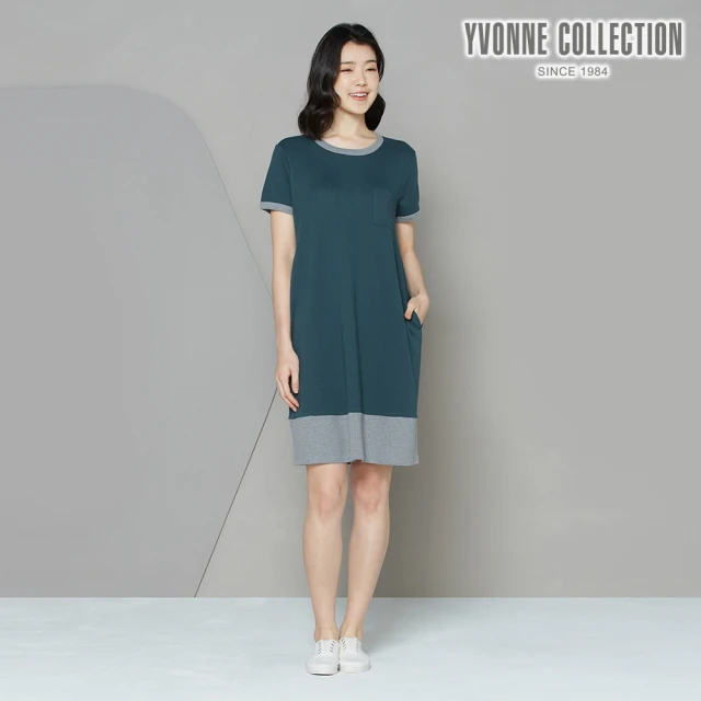 Yvonne Collection【Yvonne Collection】雙色拼接短袖洋裝(夜幕綠)