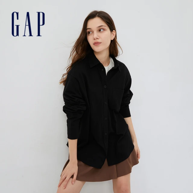 【GAP】女裝 厚磅密織 水洗棉系列 寬鬆落肩長袖襯衫(858018-黑色)