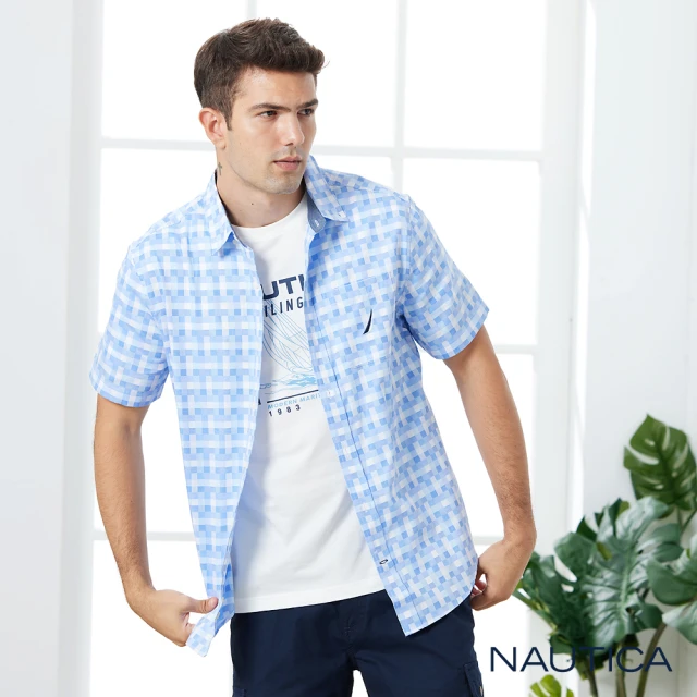 NAUTICA【NAUTICA】男裝馬賽克清新短袖純棉襯衫(藍)