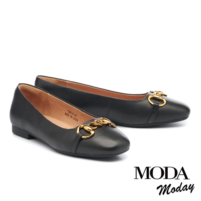 【MODA Moday】都會簡約金屬鍊條全真皮平底鞋(黑)