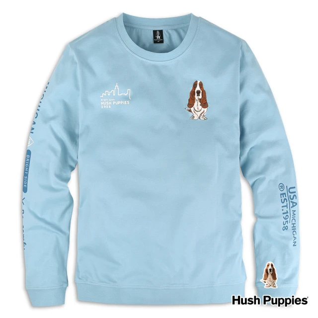 Hush Puppies【Hush Puppies】男裝率性文字印花刺繡狗長袖T恤(淺藍 / 24111108)