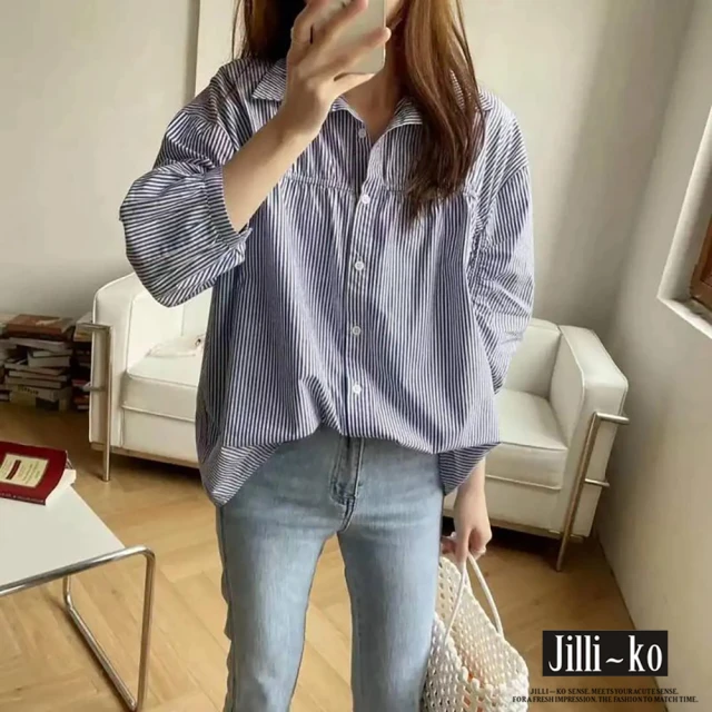 JILLI-KO【JILLI-KO】韓版寬鬆條紋七分燈籠袖襯衫-F(藍)