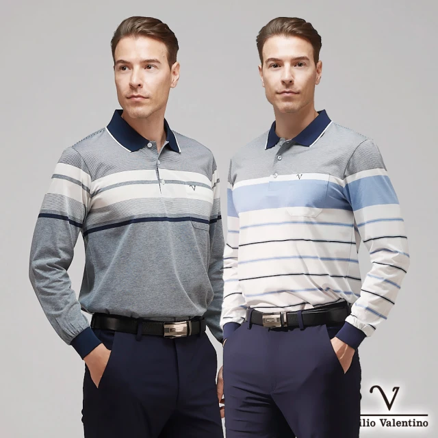 【Emilio Valentino 范倫鐵諾】棉質舒適透氣長袖薄款胸袋POLO衫(多款選)