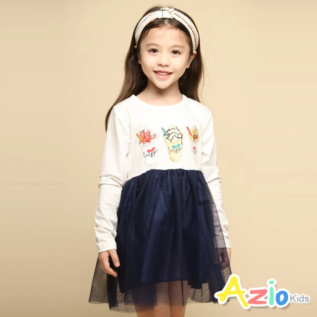 【Azio Kids 美國派】女童 洋裝 水果冰沙印花網紗長袖洋裝(藍)