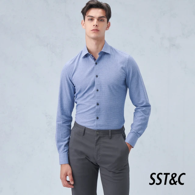 SST&C【SST&C 新品上市】舒適純棉深藍小千鳥格修身版襯衫0312209015