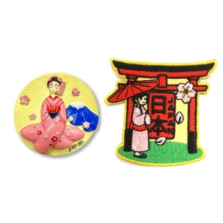 日本 富士山和服少女質感磁鐵+日本 和服少女鳥居刺繡2件組紀念磁鐵療癒小物(F628+198)