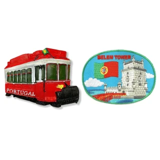 葡萄牙紅色巴士世界旅行磁鐵+葡萄牙貝倫塔貼章2件組紀念磁鐵療癒小物(C221+349)