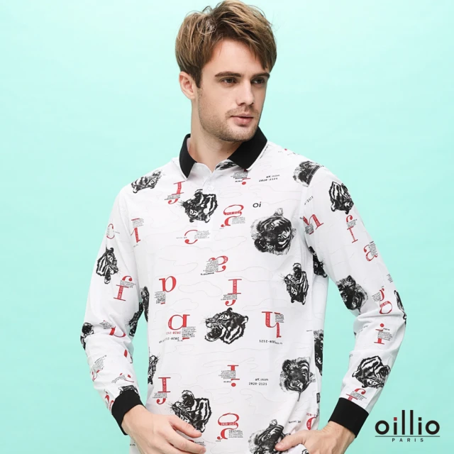 【oillio 歐洲貴族】男裝 長袖超柔POLO衫 全棉舒適超彈力 滿版設計 大尺碼(白色 法國品牌)