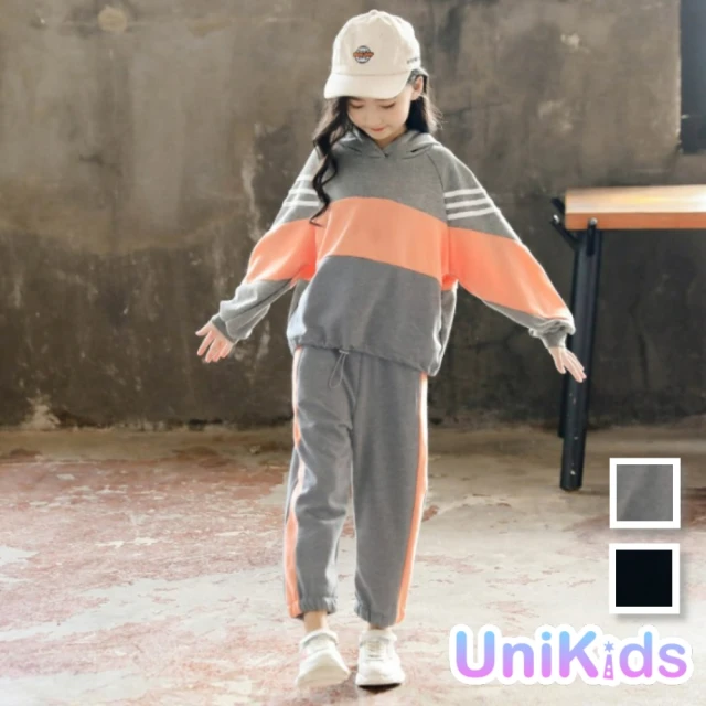 UniKids【UniKids】中大童2件式套裝撞色長袖連帽T恤休閒運動束腳長褲 女大童 JSA68-1(黑 灰)