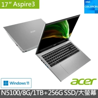 【Acer 宏碁】17.3吋超值文書筆電(Aspire 3 A317-33-C6ZM/N5100/8G/1TB+256G SSD/W11)