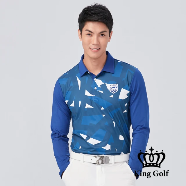 KING GOLF【KING GOLF】塗鴉印花前胸貼布繡薄款長袖POLO衫(藍色)