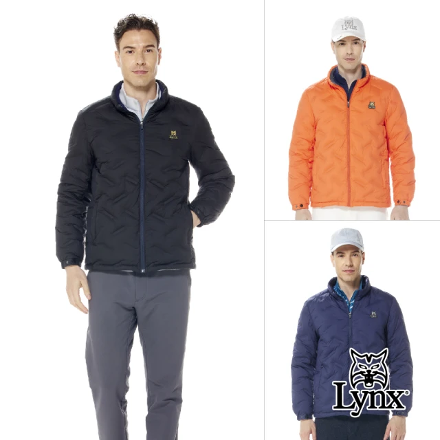 Lynx Golf【Lynx Golf】男款保暖防風羽絨壓紋設計羅紋內領後背剪接印花拉鍊口袋長袖外套(三色)