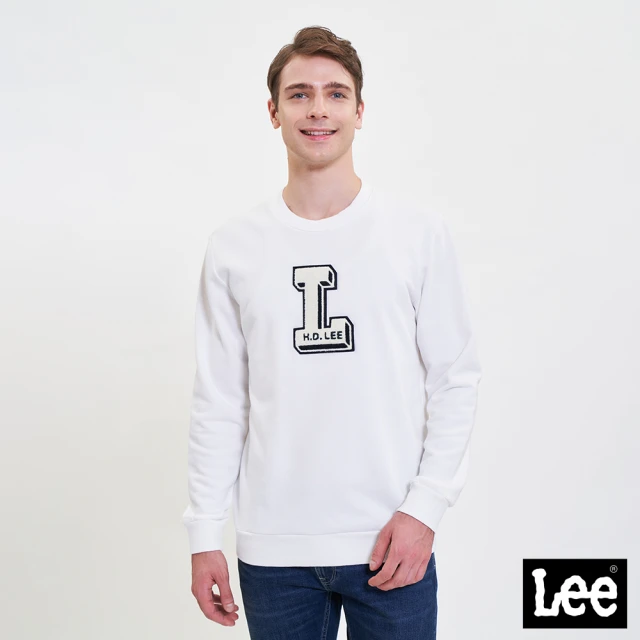 Lee【Lee】L字母 貼布繡 男長袖厚T-經典白 / 標準版型